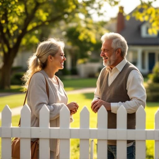 Two neighbors talking amicably over a picket fence in a suburban neighborhood