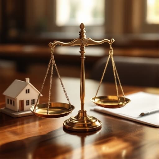 Balanced scales beside a model house, representing board fiduciary responsibility