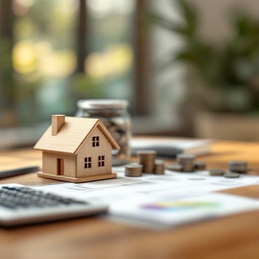 A model house beside a jar of coins and a calculator, representing HOA budgeting