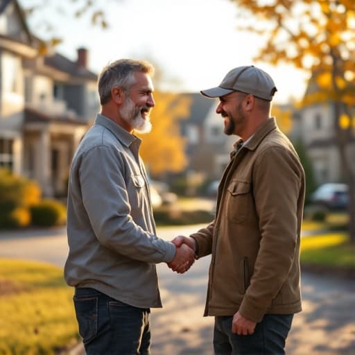 Two neighbors shaking hands in a driveway, representing dispute resolution