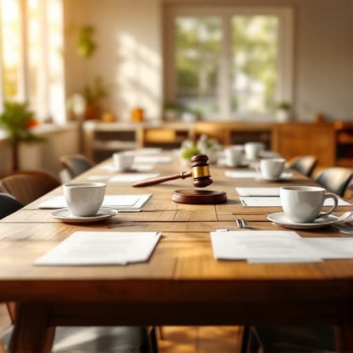 A neatly arranged HOA board meeting table in a community clubhouse