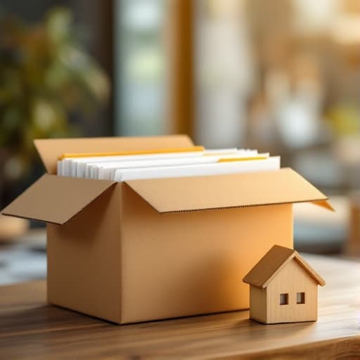 A moving box with files and a model house, representing an HOA management transition
