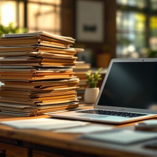 Paper files beside a laptop, representing moving HOA records to software