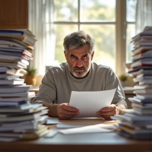 A homeowner at a kitchen table surrounded by stacks of HOA paperwork